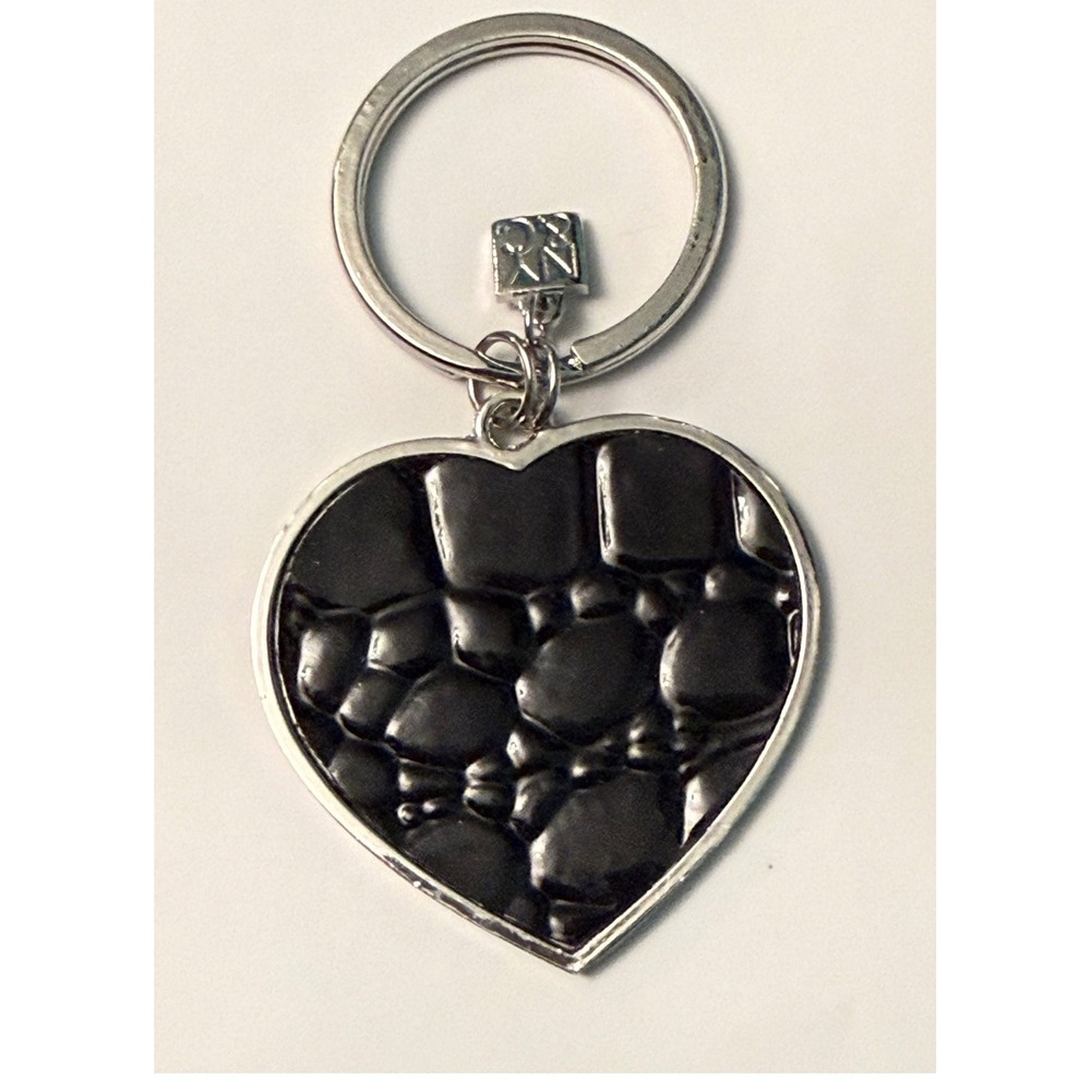 New York & Company Keychain Bag Charm Black Heart Croc Textured Silver Tone Edgy